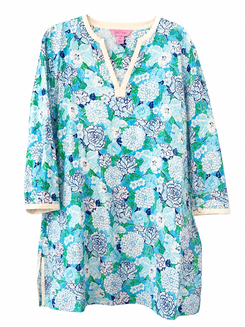 Lilly Pulitzer XL Beach/Pool  Blue Green Floral Tunic Coverup with Cream Trim